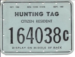Etiqueta de licencia de caza residente ciudadano de Nueva York 1964-1965 - Imagen 1 de 1