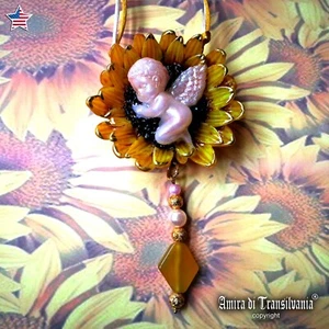Sun Flower Jewelry Floral Jewellery Peony Necklace Pendant Art Deco Doll Baby - Picture 1 of 24
