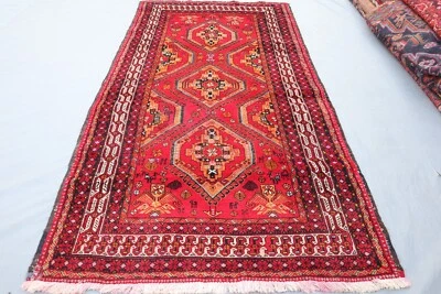 4x7 Vintage Qashqaai Tribal Rug – Hand Wool – Geometric Red & Orange Medallion. - Image 1 of 4