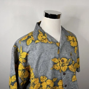 Roundy Bay Large Hawaiian Aloha Shirt Yellow Gray Floral Polyester Short Sleeve - Picture 1 of 4