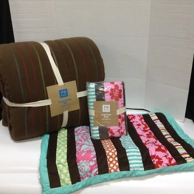 Pottery Barn Teen Favorite Fleece Bed Quilt blanket F/Q Brown Stripe 2 STD SHAMS - Image 1 of 4
