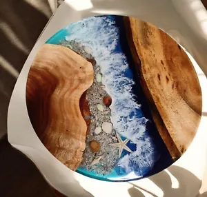 Round Epoxy Resin Coffee Table Ocean Wave Handmae Arts Natural Wood Furniture - Picture 1 of 9