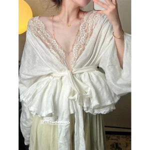 French Lace Strap V-neck Long Sleeve Shirt Women Summer Waist Cinching Short Top - Picture 1 of 9