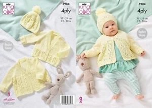 King Cole Baby 4 Ply Knitting Pattern - 5984 Matinee Jacket, Cardigan & Hat - Picture 1 of 2