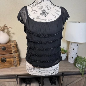 Vintage Cache 100% Silk Beaded Ruffle Flutter Sleeve Blouse Size 10 Y2k Fairy - Picture 1 of 8