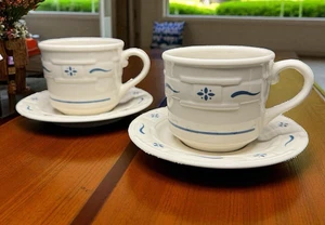 2  Coffee Cups Saucers Longaberger Pottery Woven Traditions Mugs Heritage Blue - Picture 1 of 20