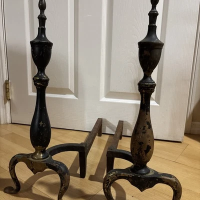Fireplace Andirons Antique Brass And Cast Iron - Image 1 of 4