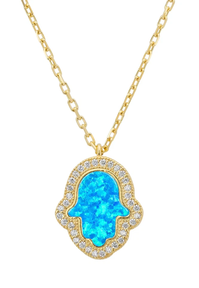 Türkisblaues Opalit Hamsa CZ Halskette Anhänger Böses Auge CZ Gold 925 Silber - Bild 1 von 4