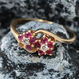 RUBY DIAMOND DOUBLE FLOWER "MOI ET TOI" RING 14 KARAT YELLOW GOLD SIZE 7.5 2.2G - Picture 1 of 6