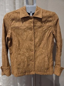 Coldwater Creek beflockte Paisley Jacke Damen Gr. PS hellbraun/camel geknöpfte Taschen - Bild 1 von 8
