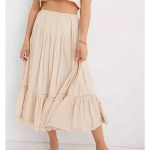 AERIE High Waisted Tiered Midi Peasant Skirt Tan Taupe Large L - Picture 1 of 7