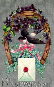 Vintage Postcard Best Wishes Horseshoe with Violets Forget Me Nots & Bluebird - Picture 1 of 2