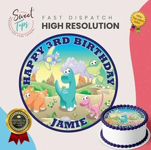 KIDS DINOSAUR EDIBLE PERSONALISED ROUND BIRTHDAY CAKE TOPPER DECORATION - Picture 1 of 1
