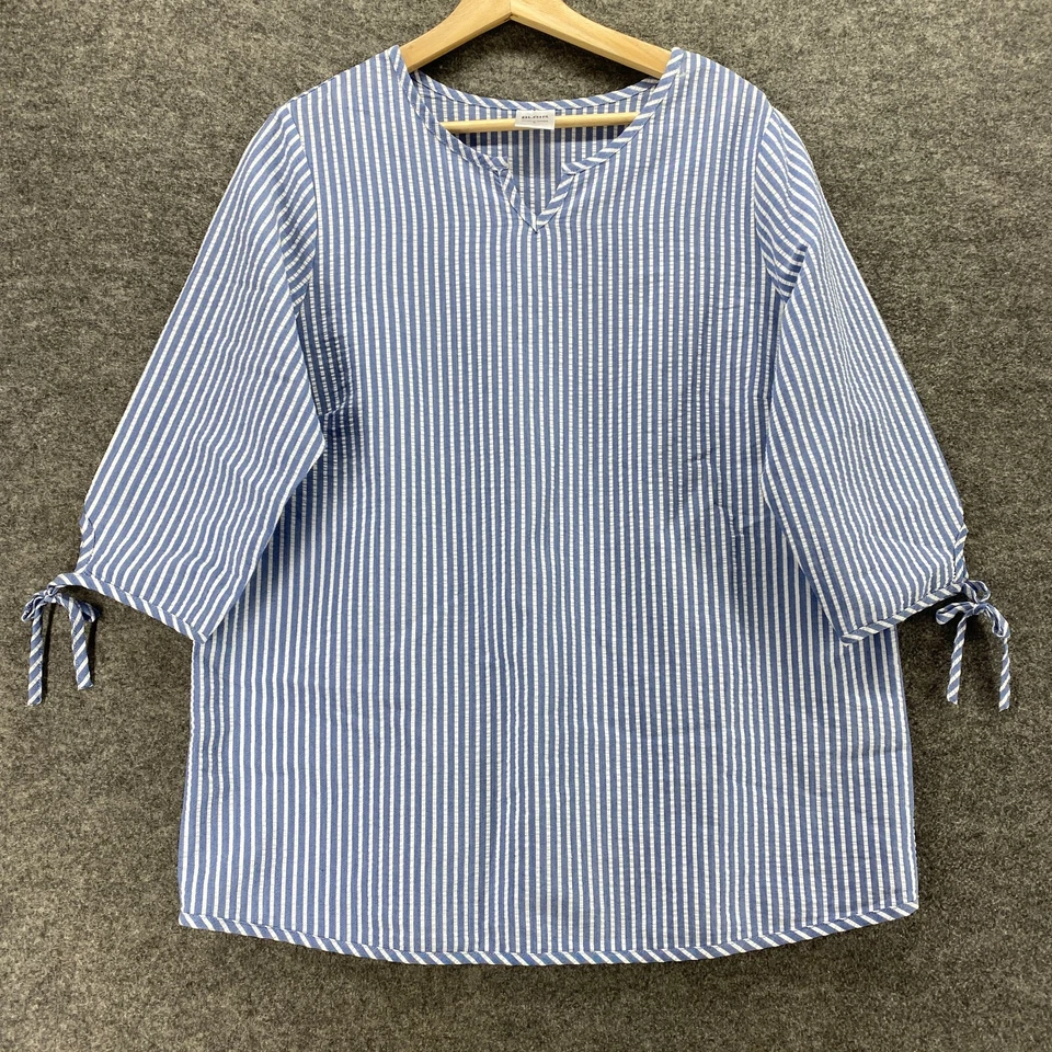 Blair 衬衫女式 L 大号蓝色条纹 V 领 3/4 袖棉质休闲套衫 — 第 1/4 张图片