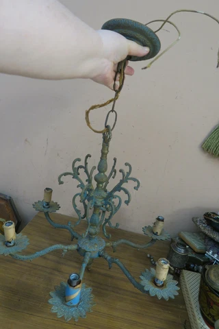 Vintage Metal Blue Enamel Floral Chandelier Ceiling Light Fixture Cover