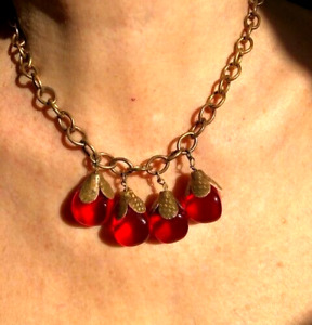 100% Brass cable chain & Barrel clasp, scarlet Lucite 15 inch choker necklace