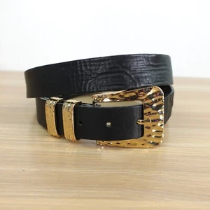 Gold Hammered Belt Buckle Womens Medium Black Leather Fashion Dress Chic Faux - Picture 1 of 16