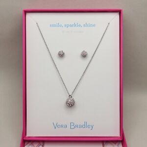 Vera Bradley Pastel Pink Set Earrings Necklace Ball Rhinestone Bling Silver Tone