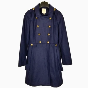 ModCloth Women Navy Ruffled Pea Coat Size S Military Wool Blend - Picture 1 of 8