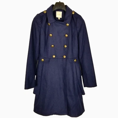 ModCloth Women Navy Ruffled Pea Coat Size S Military Wool Blend - Image 1 of 4