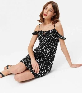 New Look Polkadot/Spot Frill Cold Shoulder Tie Front Dress, Size 14 - Picture 1 of 7