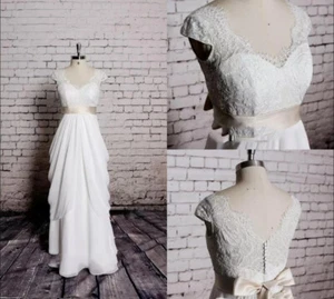 Vintage Wedding Dresses Short Sleeves V Neck Chiffon With Belt Bridal Gowns - Picture 1 of 9