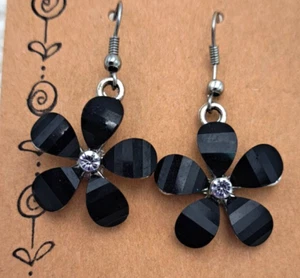 Black Onyx and Rhinestone Daisy Flower Earrings Dangle Drop Retro Boho Hippie - Picture 1 of 2