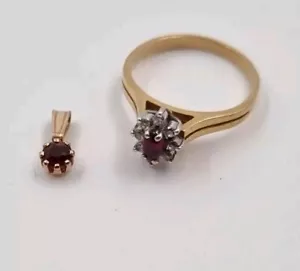 18K 18ct Hallmarked Yellow Gold Diamond And Ruby Cluster Ring & Necklace - Picture 1 of 8