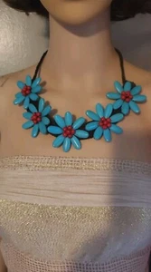 Turquoise Stone Flower Necklace Handmade Adjustable Collar W/Red Dyed Howlite - Picture 1 of 13