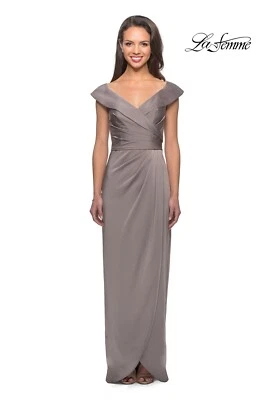 LA FEMME 25206 Pewter Surplice Off Shoulder Portrait Collar Maxi Gown Dress 12 - Image 1 of 4