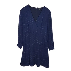 Vestido Ann Taylor Azul Marino Rojo Lunares Manga Larga Cuello en V Línea Talla 10 - Imagen 1 de 7