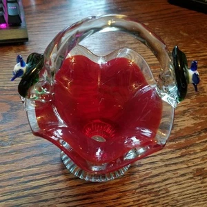 Mundgeblasener Kunst Glas Korb rot blau Blume grün Blatt Vintage - Bild 1 von 6