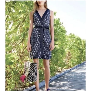 J. Crew Navy Blue Ikat Faux Wrap Dress Tie Belt Sleeveless Cotton Linen Sz 12 - Picture 1 of 11