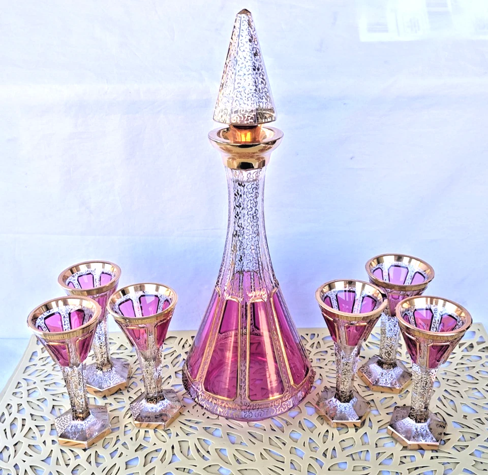 Decantador de oro de arándano Moser vintage más seis cordiales a juego - Excelente + Foto 1 de 4