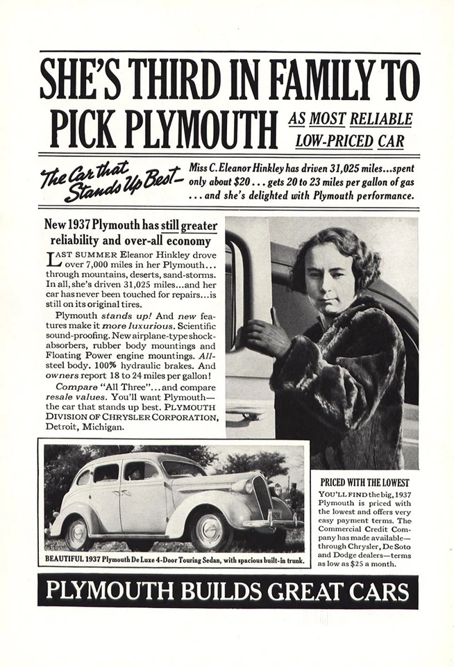 1937 年普利茅斯:第三家庭小姐 C 埃莉诺·欣克利复古印刷广告 — 第 1/1 张图片