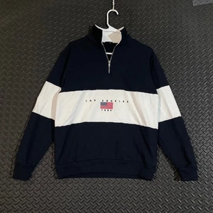 John Galt Los Angeles 1984 Quarter Zip Sweatshirt USA Flag Navy White Size Small - Picture 1 of 8