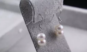Pendiente de doble perla de agua dulce 8 - 9 mm blanco perlas genuinas + plata esterlina - Imagen 1 de 5