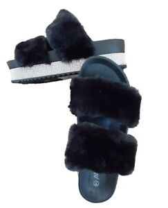 New ANNA Kandy Sz 7 Rhinestone Shines Shoes Wedge Black Faux Fur Slipper 2" Heel