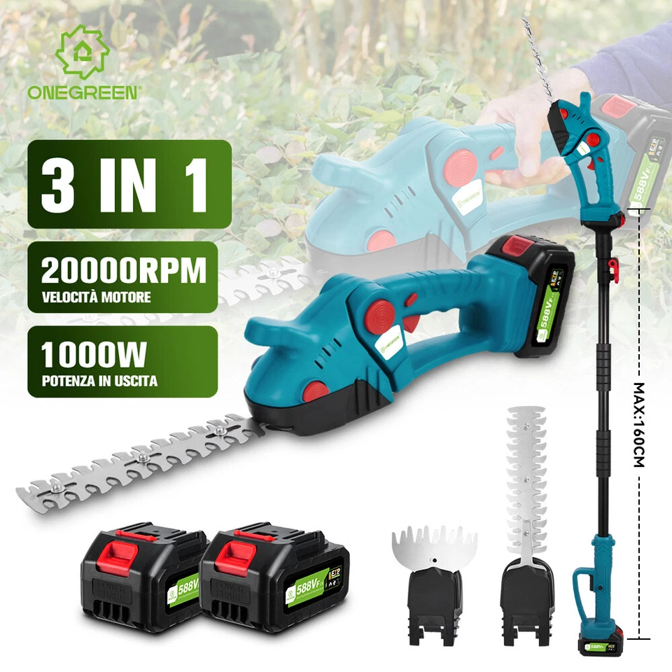 ONEGREEN 3 in 1 Tagliasiepi a batteria Potatore Telescopico Taglia Siepe Tosasiepi Tosa