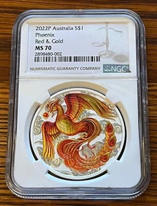 2022 Australia Phoenix Colorized Red & Gold 1 Ounce Silver 1 Dollar NGC MS70 - Picture 1 of 2