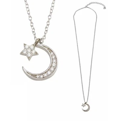 Collana In Argento Sterling Con Pietre CZ Pendente A Luna Crescente E Stella - Immagine 1 di 4