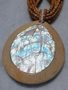 Wood Beaded Multi Strand Mother Of Pearl Pendant Necklace - Picture 1 of 12