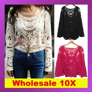 Wholesale 10xWomen Sexy Sheer Long Sleeves Embroidery Floral Lace Top Blouse Tee - Bild 1 von 9