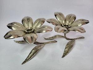 Vintage PAIR of Silver Tone Brass LOTUS/ LILI Flower ASHTRAY & Candle Holder - Picture 1 of 10