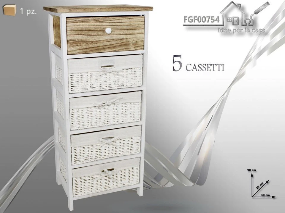 Comodino Mobiletto 5 Cassetti Stile Shabby Chic Legno Vimini Bianco Marrone and - Immagine 1 di 1