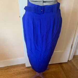 VTG 80s Silk Pencil Skirt Sz M Power Suit Electric Blue Matching Belt POCKETS - Picture 1 of 10