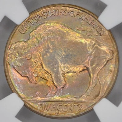 1936-S 5C Buffalo Nickel NGC MS63 - Lovely Dual Sided Rainbow Toning - Image 1 of 4