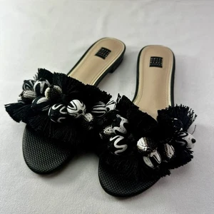 White House Black Market Sandals Slides Summer Black 9M Pom Pom Tassel NWT Women - Picture 1 of 10