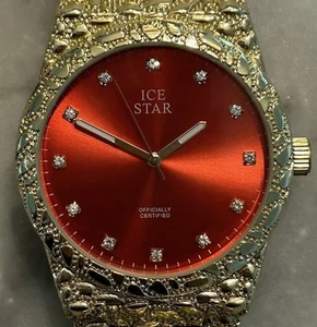 Ice Star Gold Plated Red Dial Gold Nugget Watch, Bracelet, Earring Set 43mm Case - Picture 1 of 13