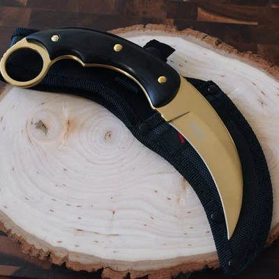 8.5” Gold Karambit Crescent Moon  Full Tang Wood Handle Nylon Sheath 🌙 - Image 1 of 4